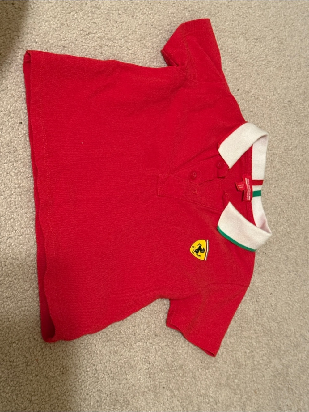 12/18 month old Ferrari Red Polo with White Collar and Green Trim